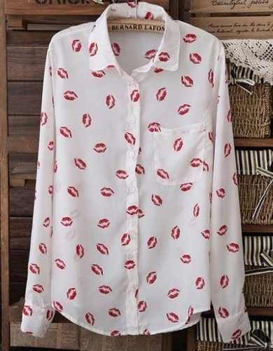CAMISA/BLUSA DE CHIFFON COM ESTAMPA DE BEIJOS/KISS